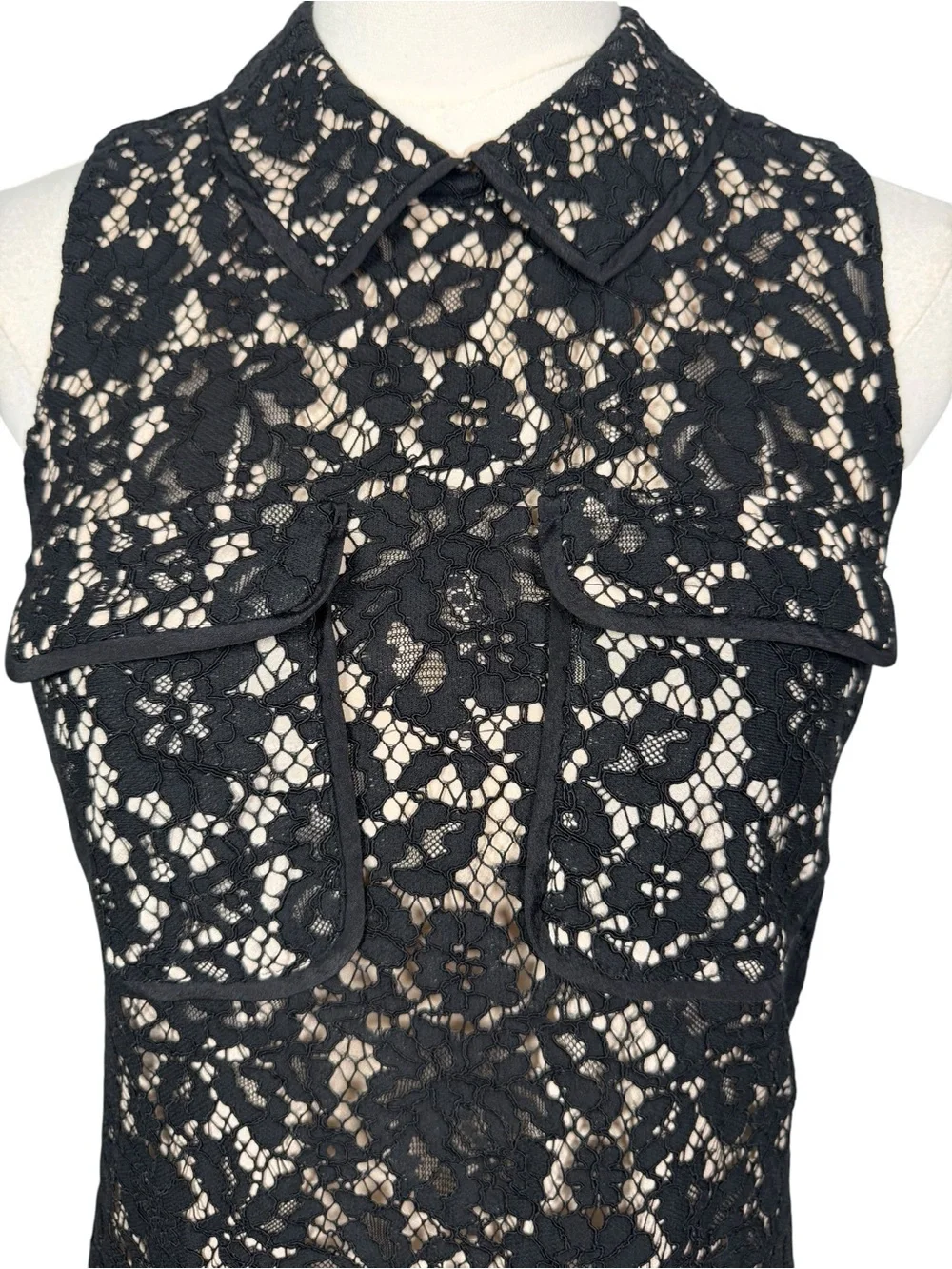 J.Crew Black Lace Cocktail Dress Scalloped Nude Lining Sleeveless Pockets Size 2